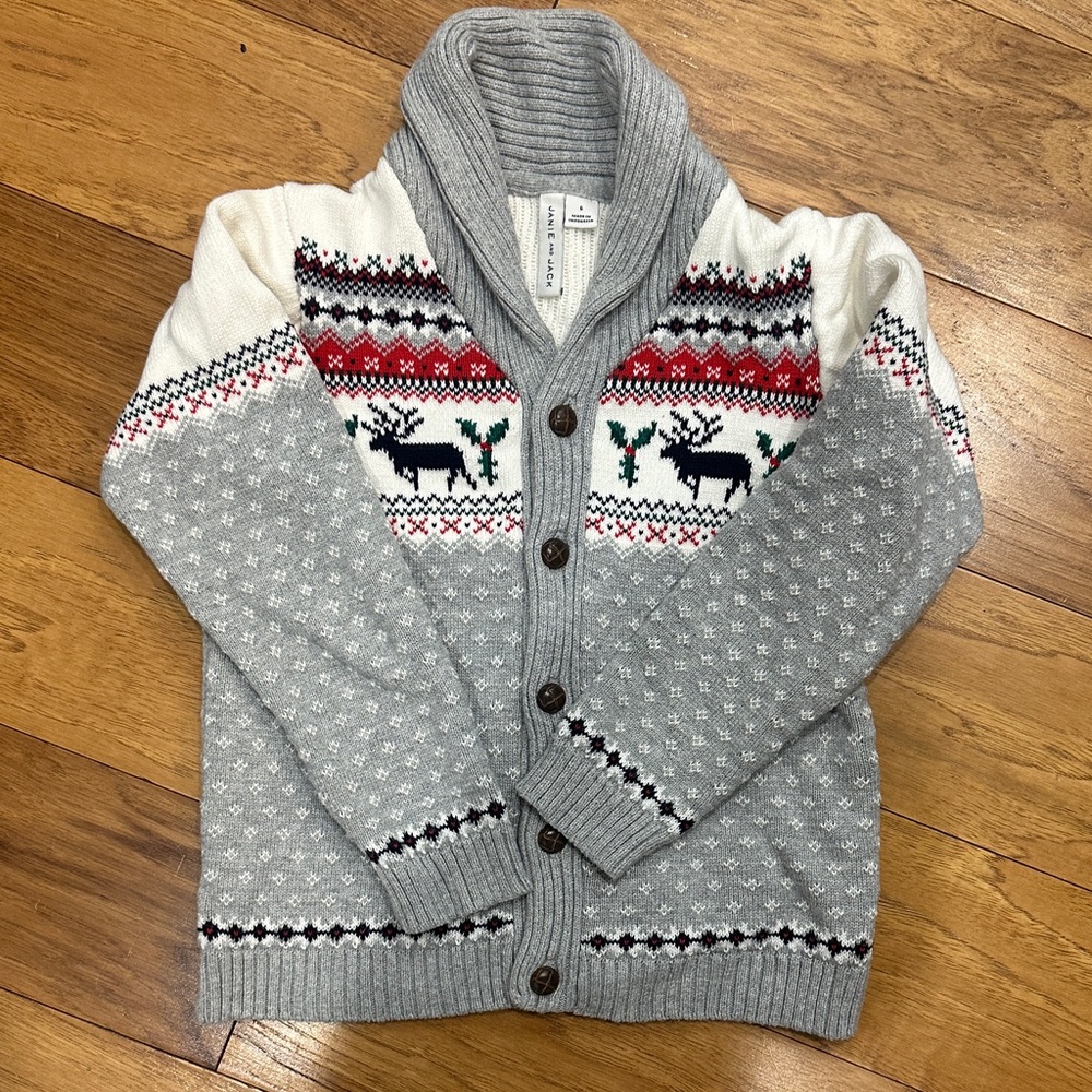Janie and Jack Gray Cardigan with Reindeer Design